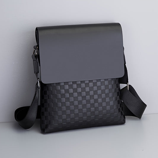 1pc Men's Fashion Casual Business Bag, Soft PU Leather Plaid Pattern Small Square Bag, Commuter Shoulder Slant Cross Bag