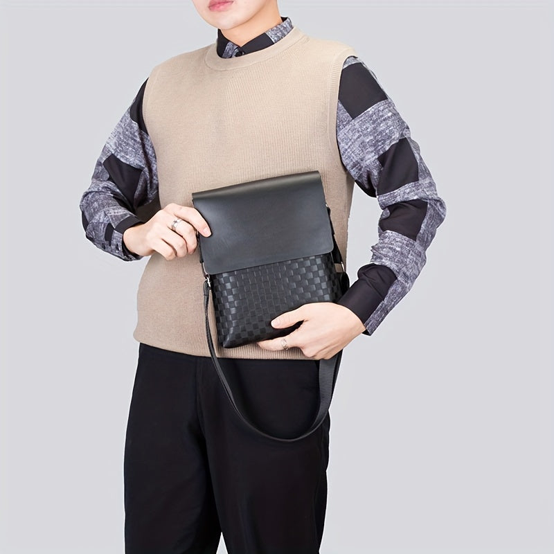 1pc Men's Fashion Casual Business Bag, Soft PU Leather Plaid Pattern Small Square Bag, Commuter Shoulder Slant Cross Bag