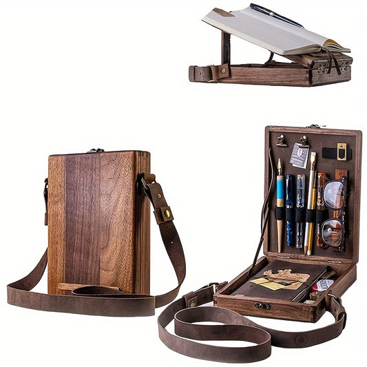 1pc Men's Wooden Portable Crossbody Postman Bag, Multifunctional Tool Brush Storage Sling Box, Halloween, Thanksgiving And Christmas Gift